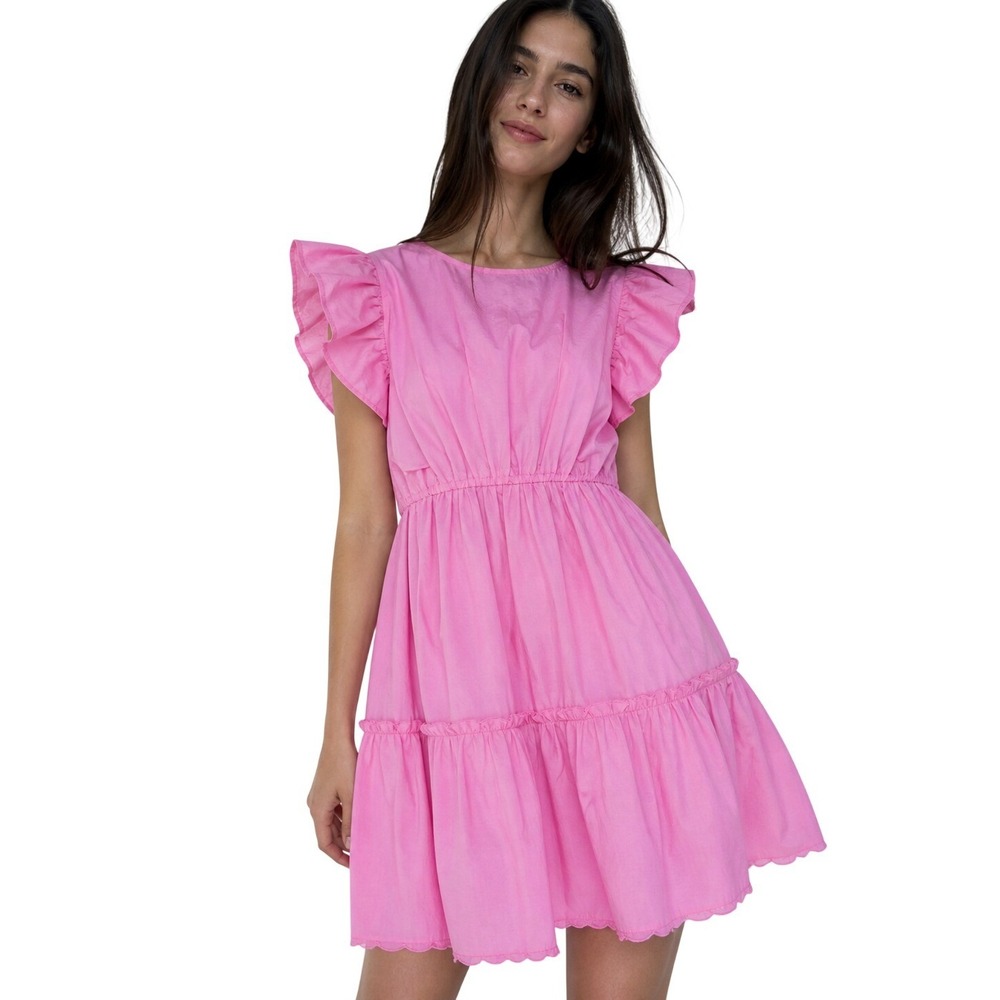 Japna Pink Swiss Dot Dress M Ruffle Flutter‎ Sleeve Tiered Boho Cottagecore